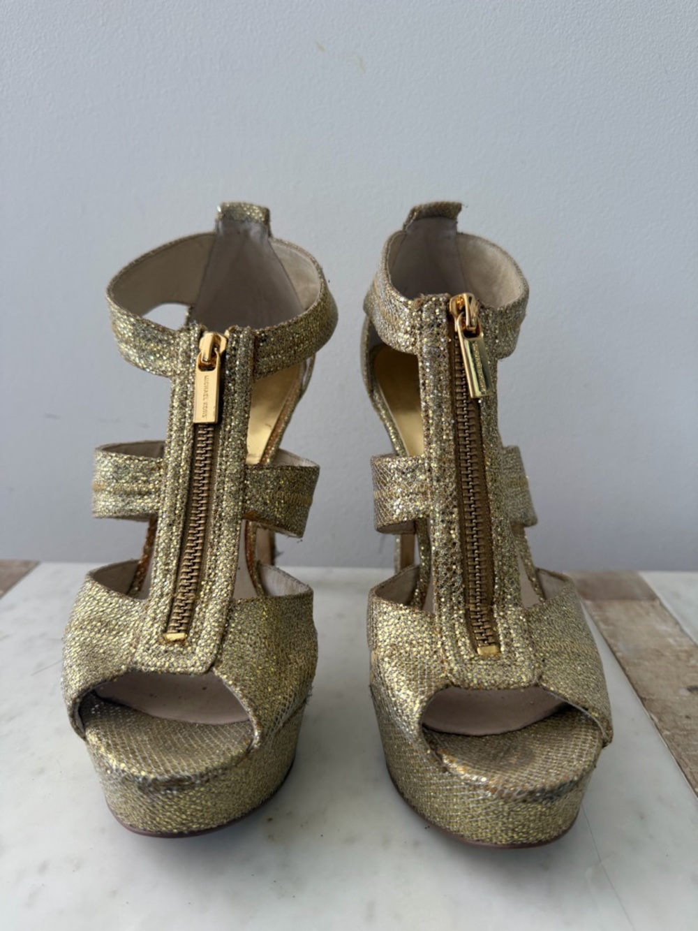 Michael Kors Gold Glitter Platform Sandals with Front Zips